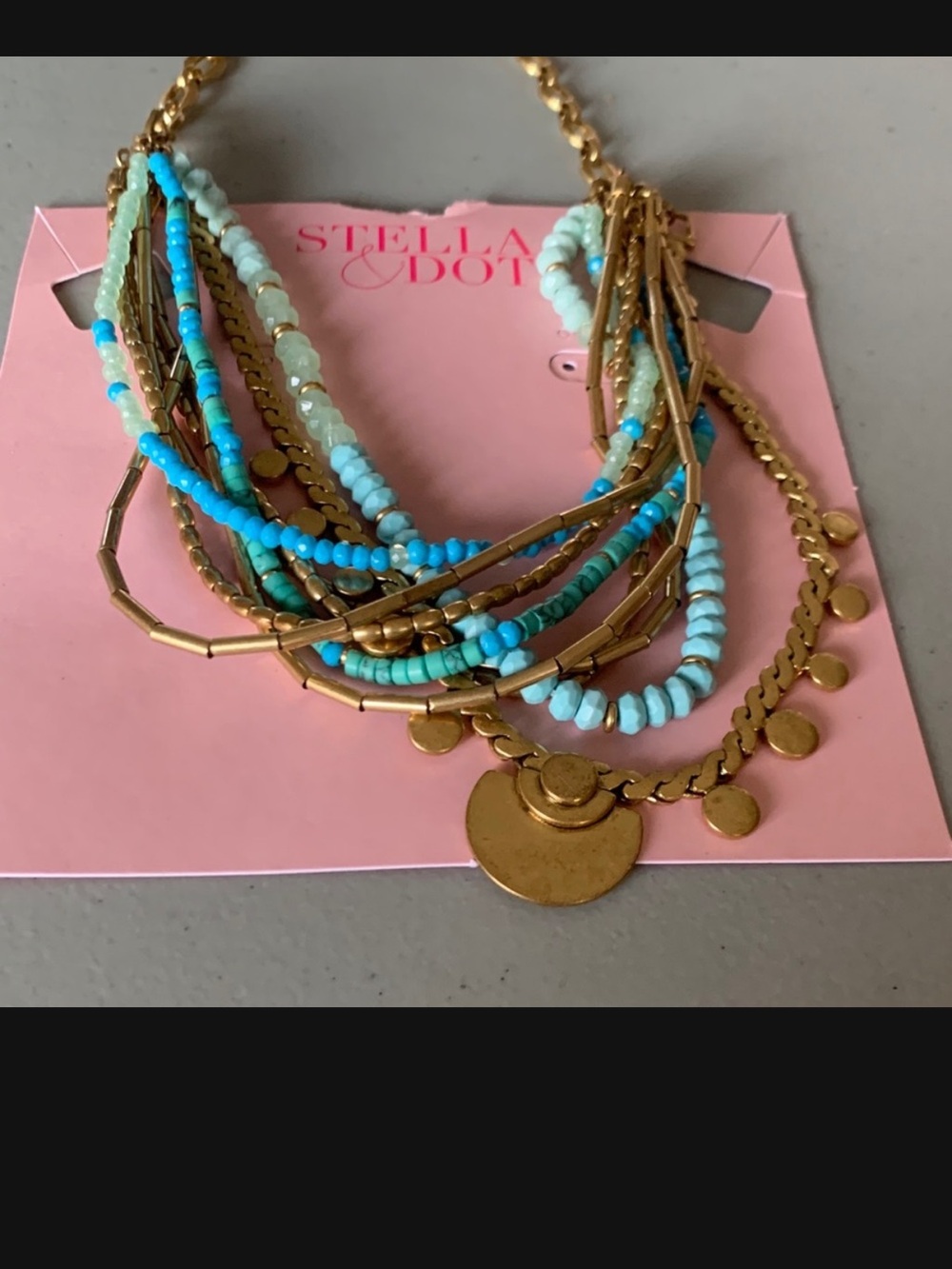 Stella & Dot Gold-Tone Layered Necklace with Turquoise and Aqua Beads